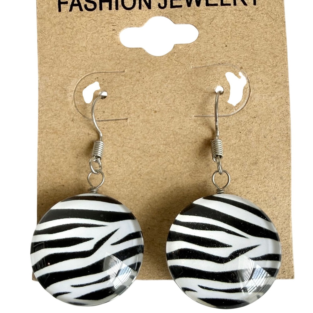 Zebra Print Earrings Women OS Black White Dangle Glass Cabochon Animal - Picture 2 of 6